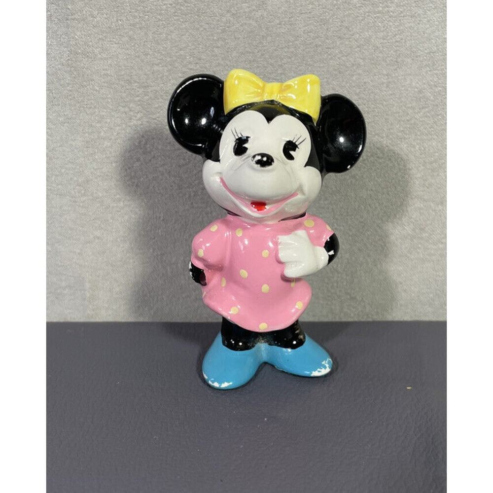 Vintage Disney Ceramic Minnie Mouse Figurine Pink Polka Dot Dress Blue Shoes